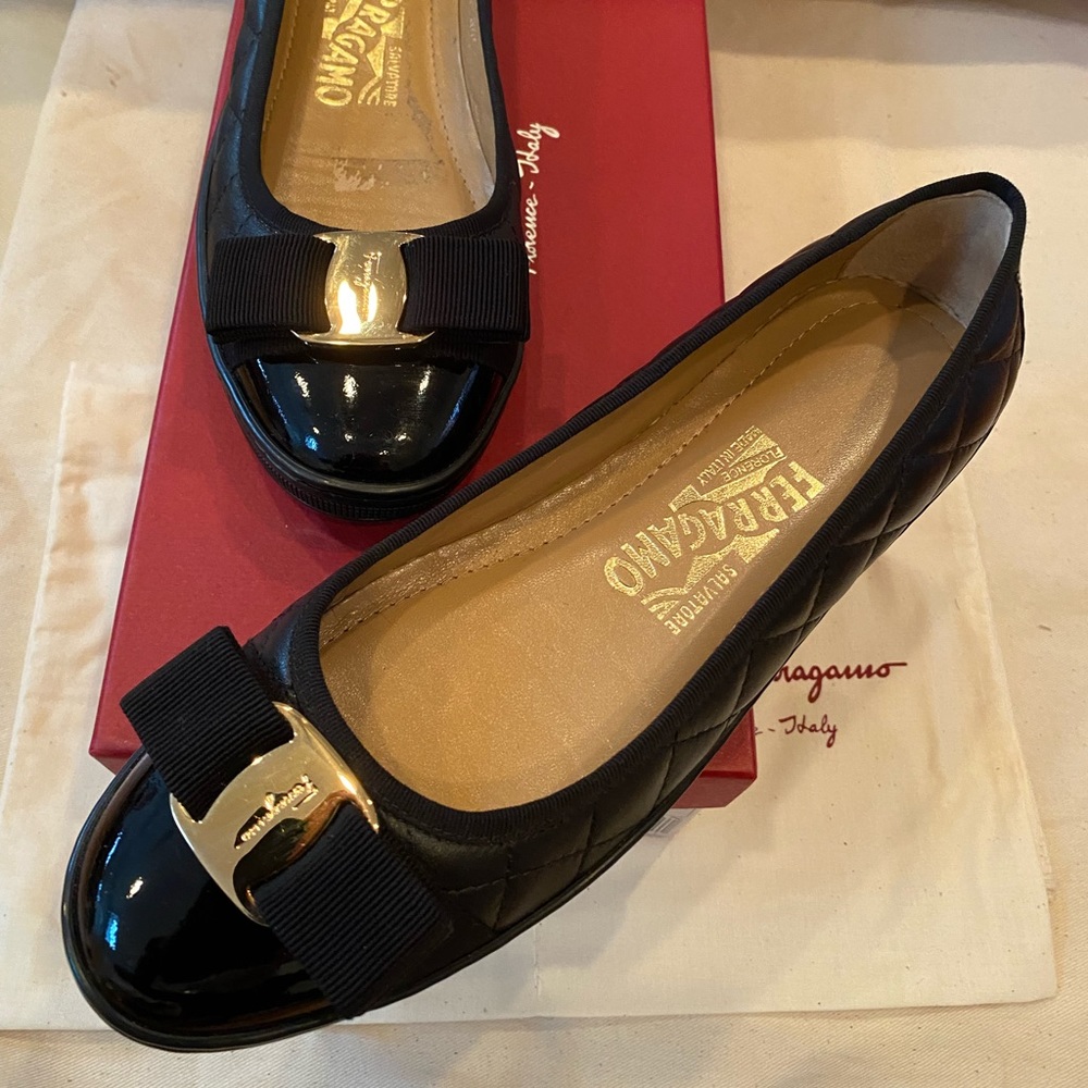 Unworn Ferragamo Quilted Black Leather Ballet Flats with Patent Accents